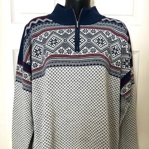 BULA Nordic Knit Fair Isle Sweater Navy Blue & White Men's Large ¼ Zip Ski